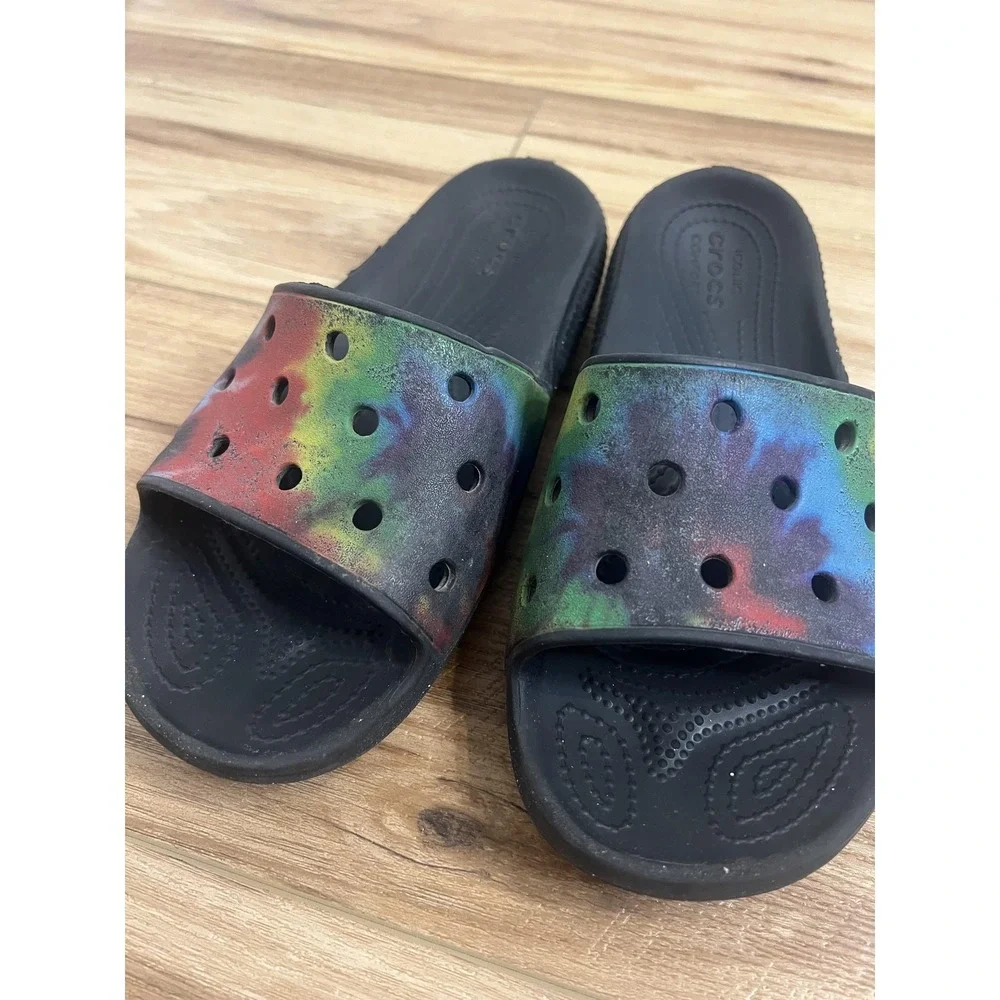 Crocs Slide Sandals Men Sz 4 Black Tie‎ Dye Comfort Casual Slip On Summer
